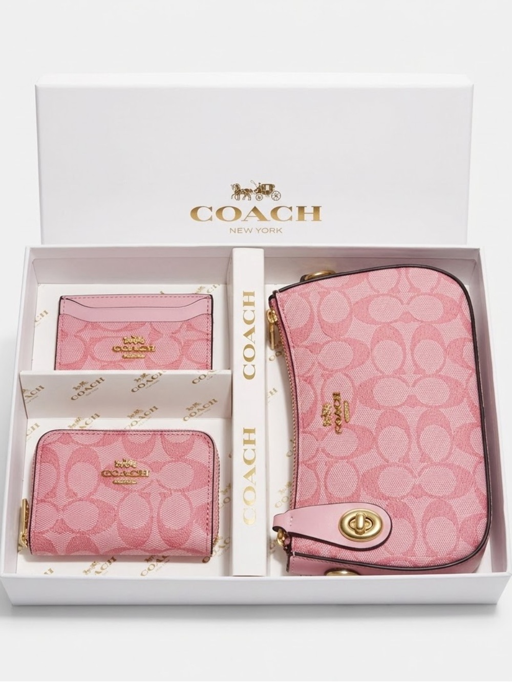 Coach Pink Signature Wristlet, Card Case & Zip Wallet Gift Set